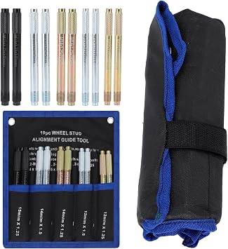 Wheel Alignment Tool Set Stainless Steel 11pcs Tyre Changing Kit M12x1.25 M12x1.5 M14x1.25 M14x1.5 M15x1.25 Threaded Wheel Hanger Pins with Storage Bag for Car Tyre Alignment Mounting