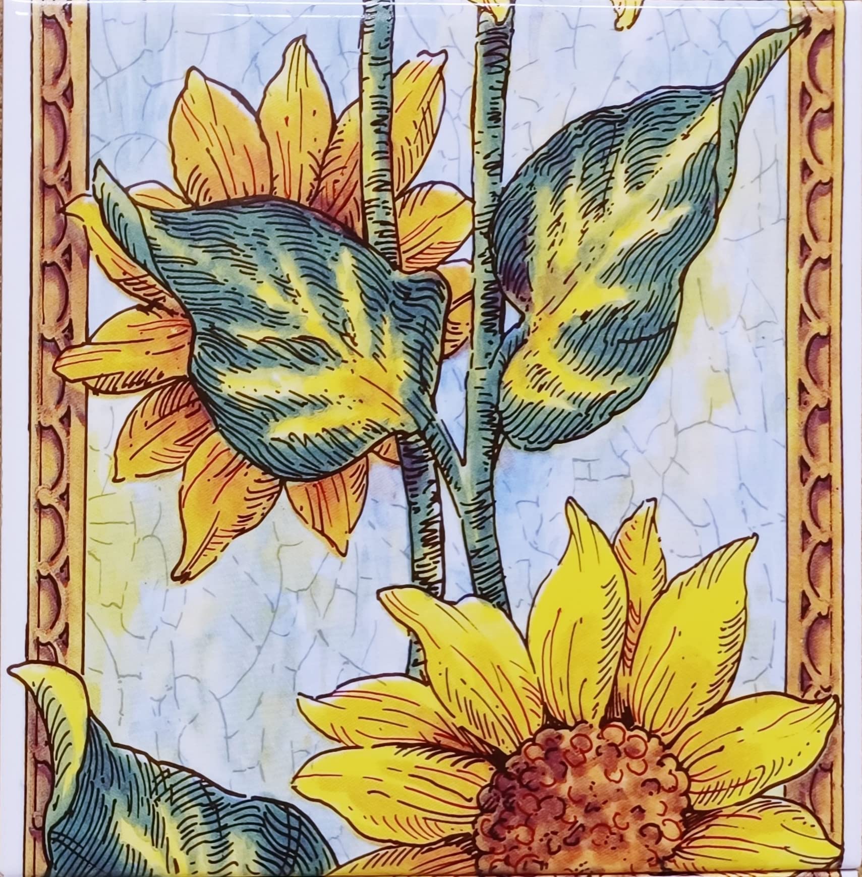 Słoneczniki, płytki ceramiczne, mural kwiatowy, 75 cm x 15 cm, 5 płytek 15 cm, kominek, płytki rozbryzgowe, ręcznie zdobione w Wielkiej Brytanii