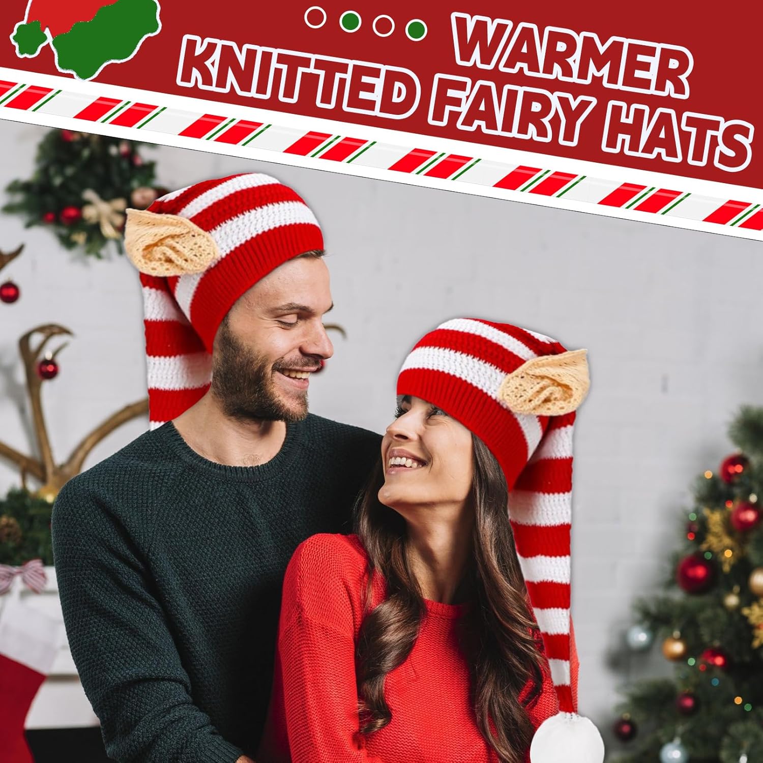 Knitted Elf Hat with Ears, Red and White Christmas Elf Hat with Pom, Long Santa Hats Decorations, for Adults, Christmas Celebrations, Holiday Party, Festive Gatherings - Image 2