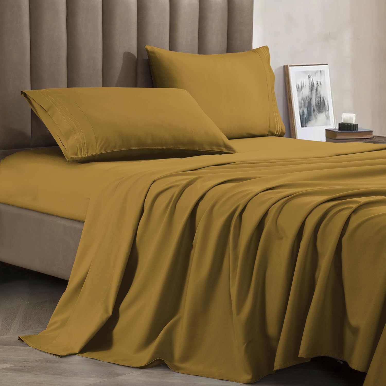 CELINE LINEN Premium 1800 Hotel Quality Wrinkle-Resistant 4-Piece Microfiber Sheet Set - Luxury Ultra Soft and Breathable Bedding 16 Inch Deep Pocket 4PC Sheet Set, California King, Bronze