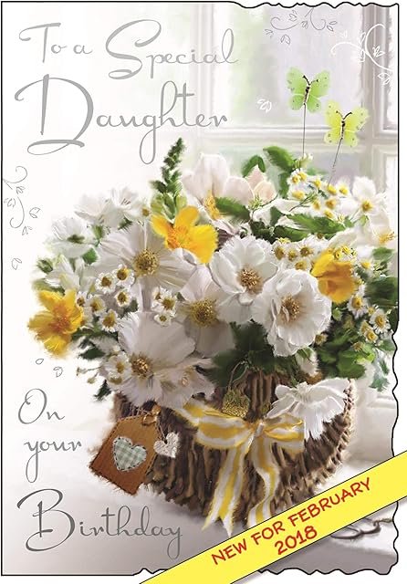 Illustrated Daughter Birthday Card - (JJ3322) - Basket - From The Velvet Range - Embossed With A Silver Foil & Flitter Finish