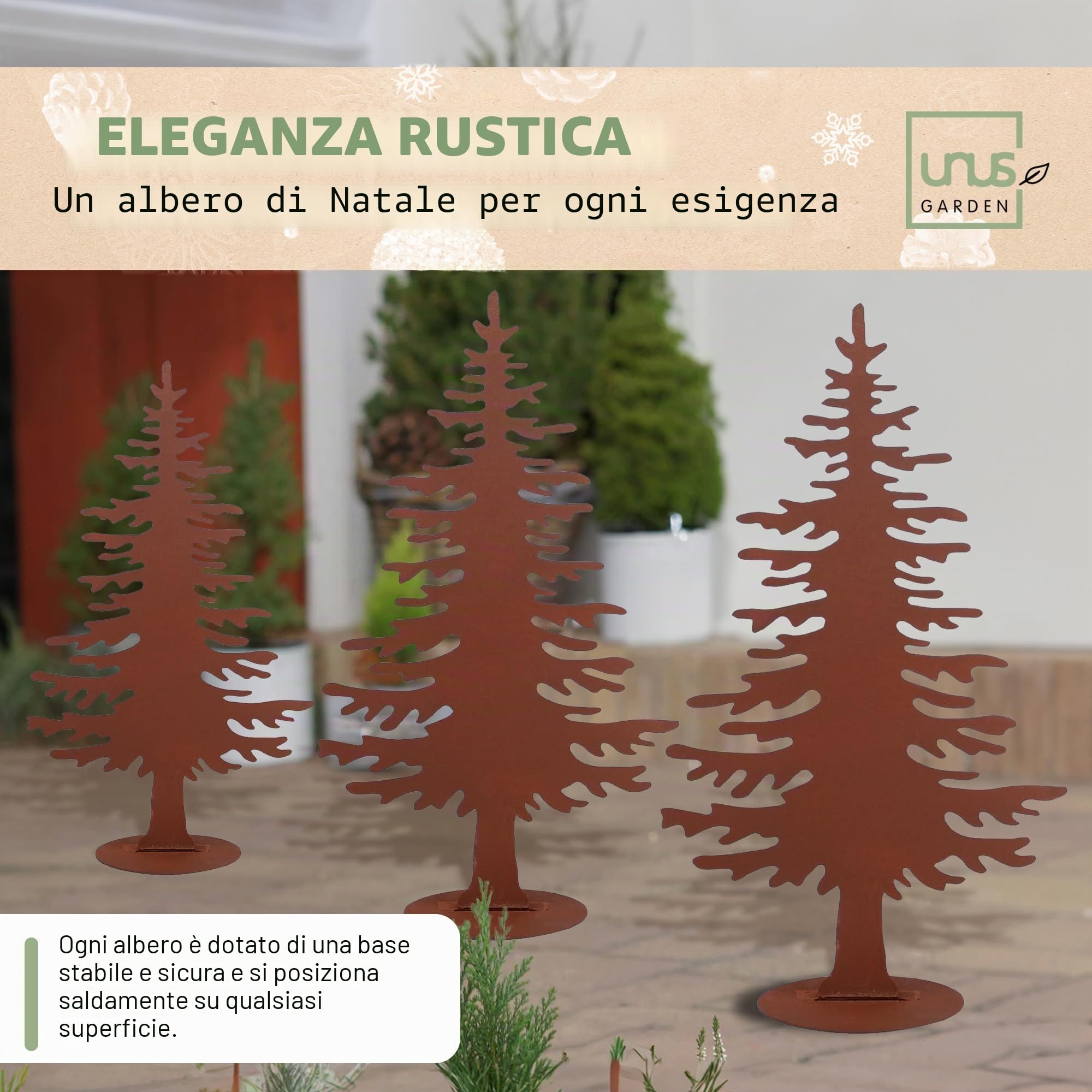 UNUS - Set di 3 decorazioni in metallo a forma di albero di Natale arrugginito, per interni ed esterni, dimensioni: piccolo, medio e grande