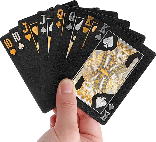 Cartas de juego negras geniales, tarjetas de póquer impermeables de papel de aluminio negro y dorado con caja de regalo, ideal para juegos de cartas