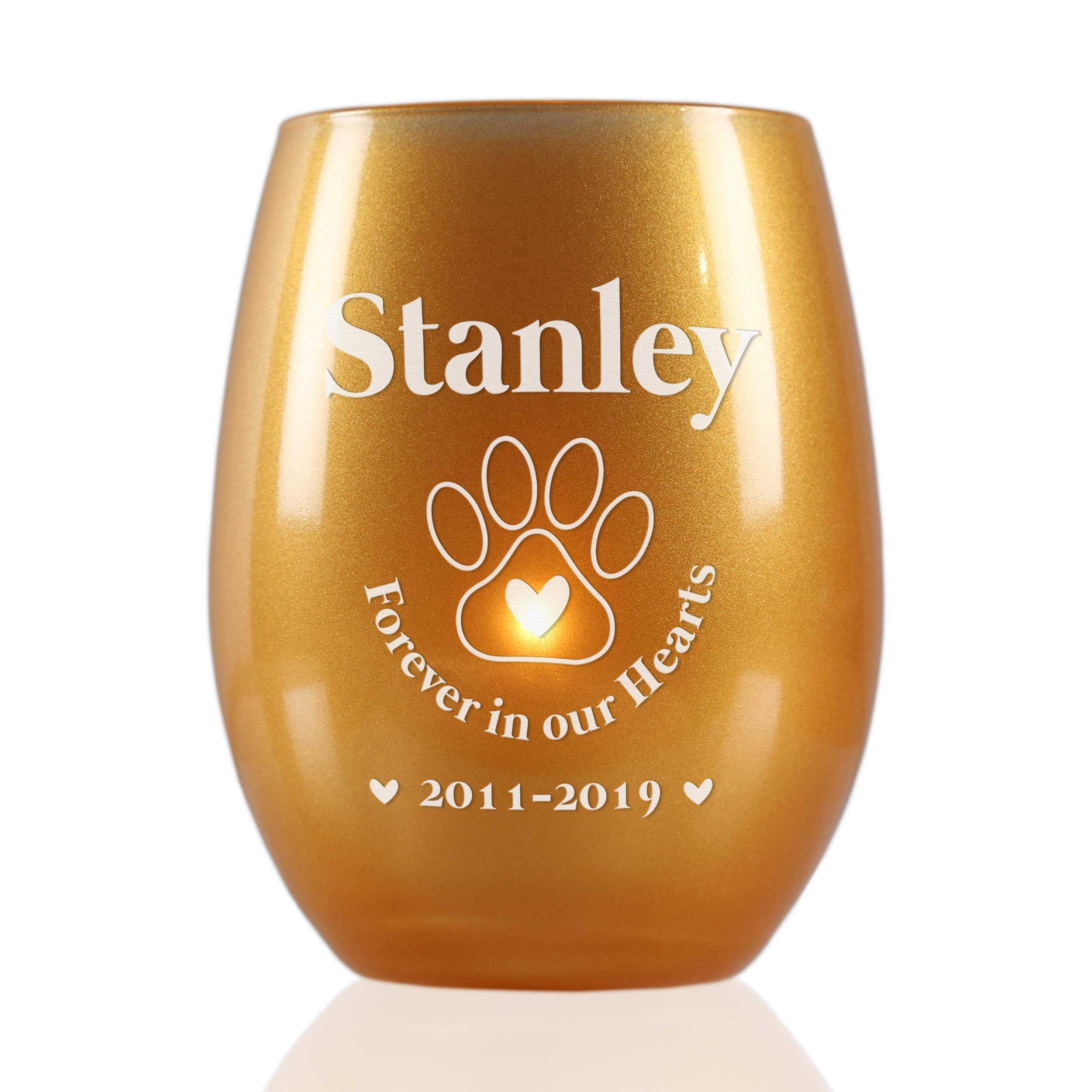 Pet Dog Cat Paw Memorial Glass Candle Holder and 8hr Tea Light Remembrance Gift (Gold)