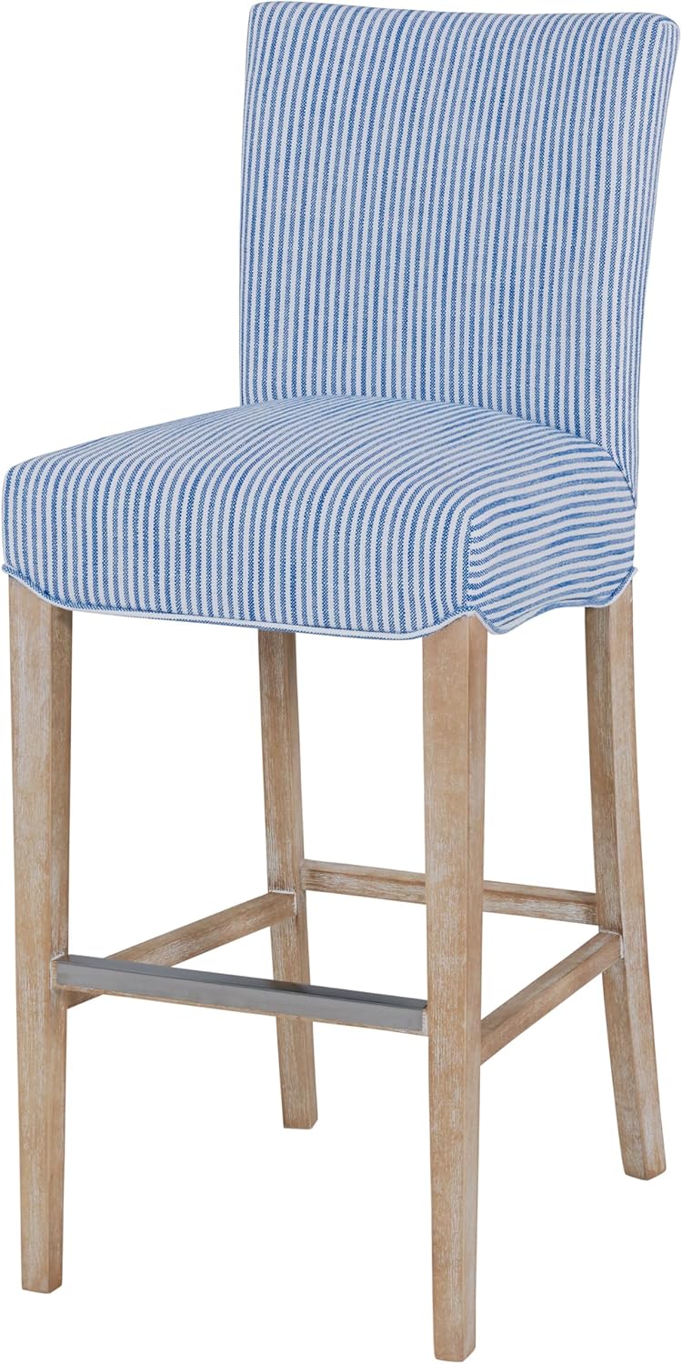 New Pacific Direct Milton Fabric Bar Stool,Natural Wood Legs,Blue Stripes,Fully Assembled