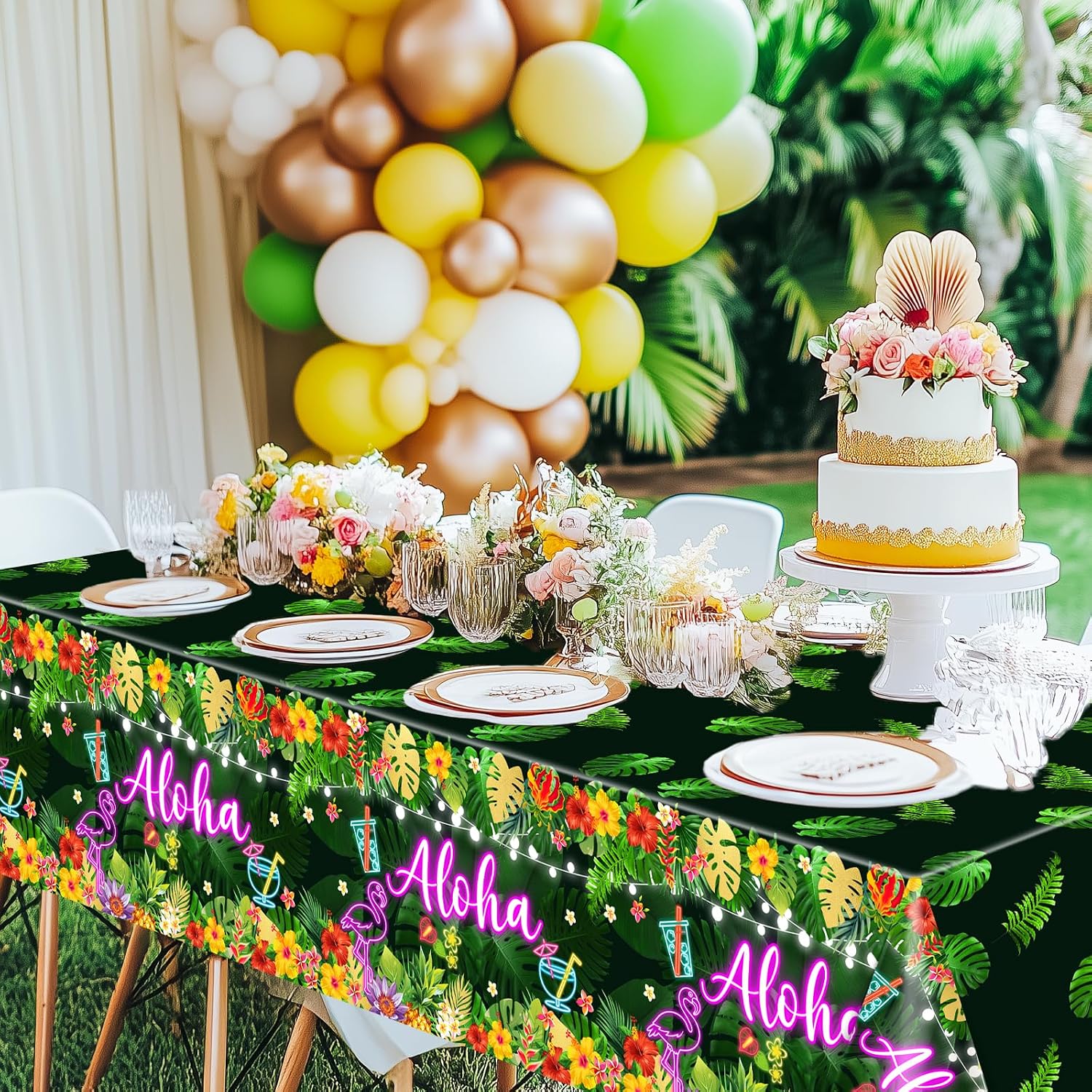 Avezano 3 pcs Hawaiian Aloha Tablecloths 108 x 54 inch Tropical Disposable Plastic Table Covers Luau Table Cloth Summer Birthday Cocktail Party Supplies