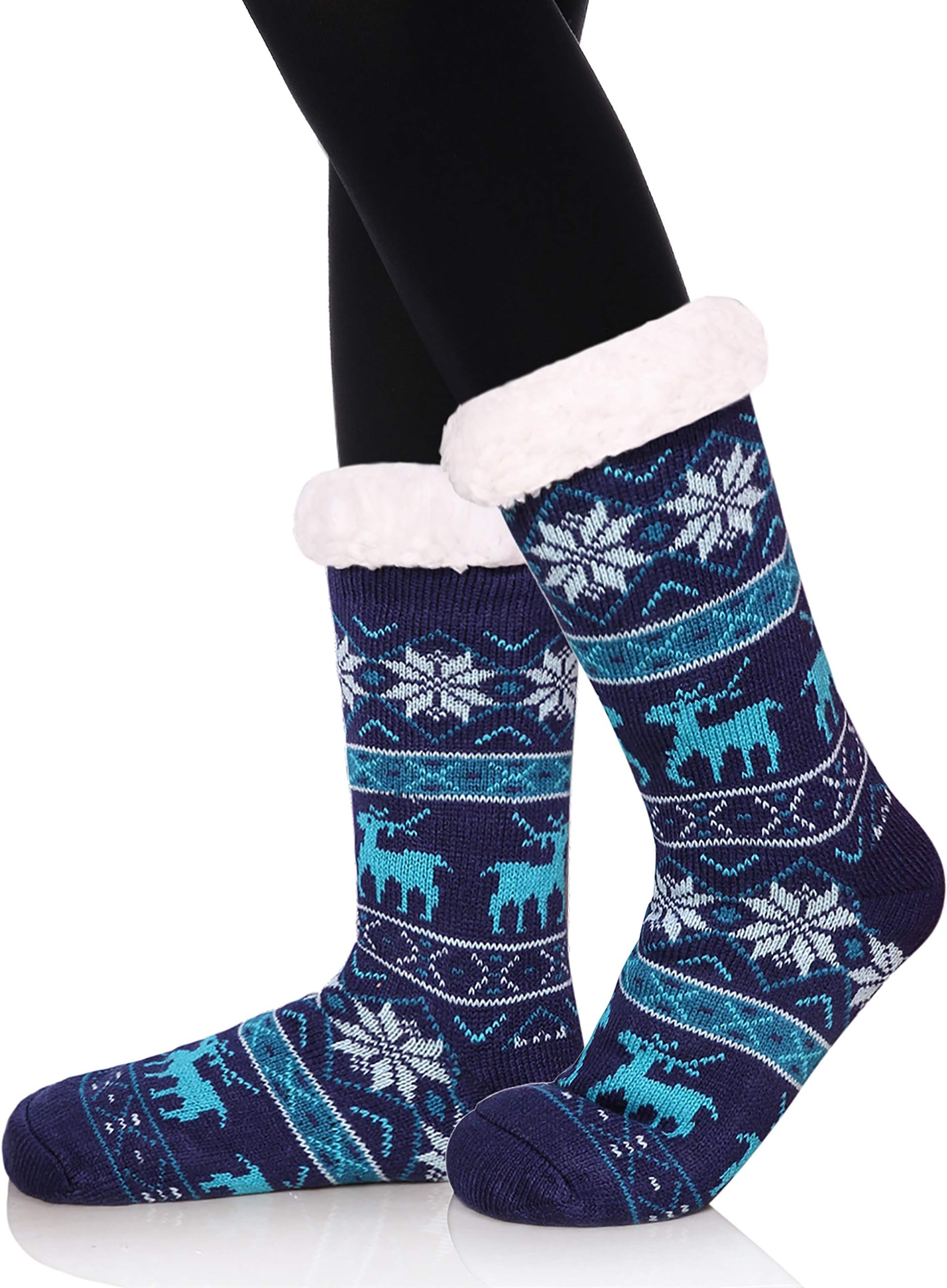 DOFUN Womens Girl Super Soft Knee High Warm Winter Fuzzy Snowflake Fleece Lined Slipper Socks