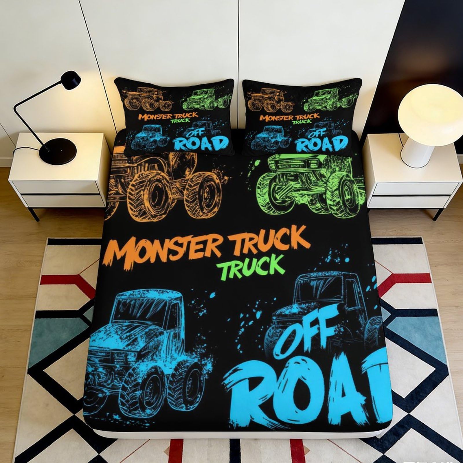 3D Printed Monster Truck Off Road Fitted Sheet Microfiber Breathable Bed Cover for Bedroom Guest Room Dorm Decor 90x200x25cm
