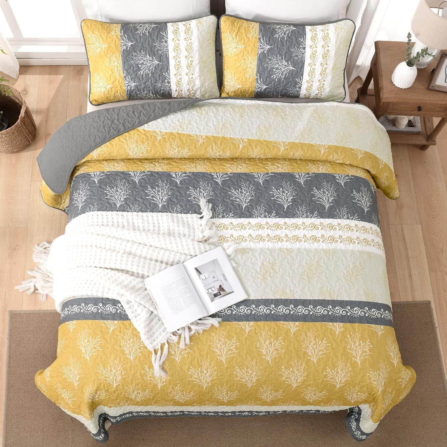 DJY Yellow Boho Quilt Set King Size, Striped Floral Yellow and Grey Bedspread Coverlet, 3 Pieces Patchwork Stripe Quilt Bedding Set Soft Microfiber Reversible Bedspread for All Season (110"x90") - Image 3