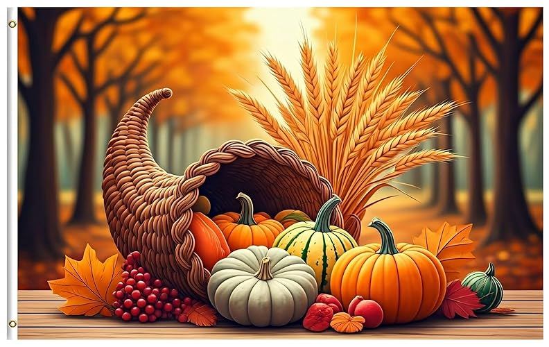 ShineSnow Thanksgiving Cornucopia Pumpkins Berries Maples Wheats Autumn 3x5 Feet Flag, Polyester Double Stitched with Brass Grommets 3 X 5 Ft Flag for Outdoor Indoor Home Decor