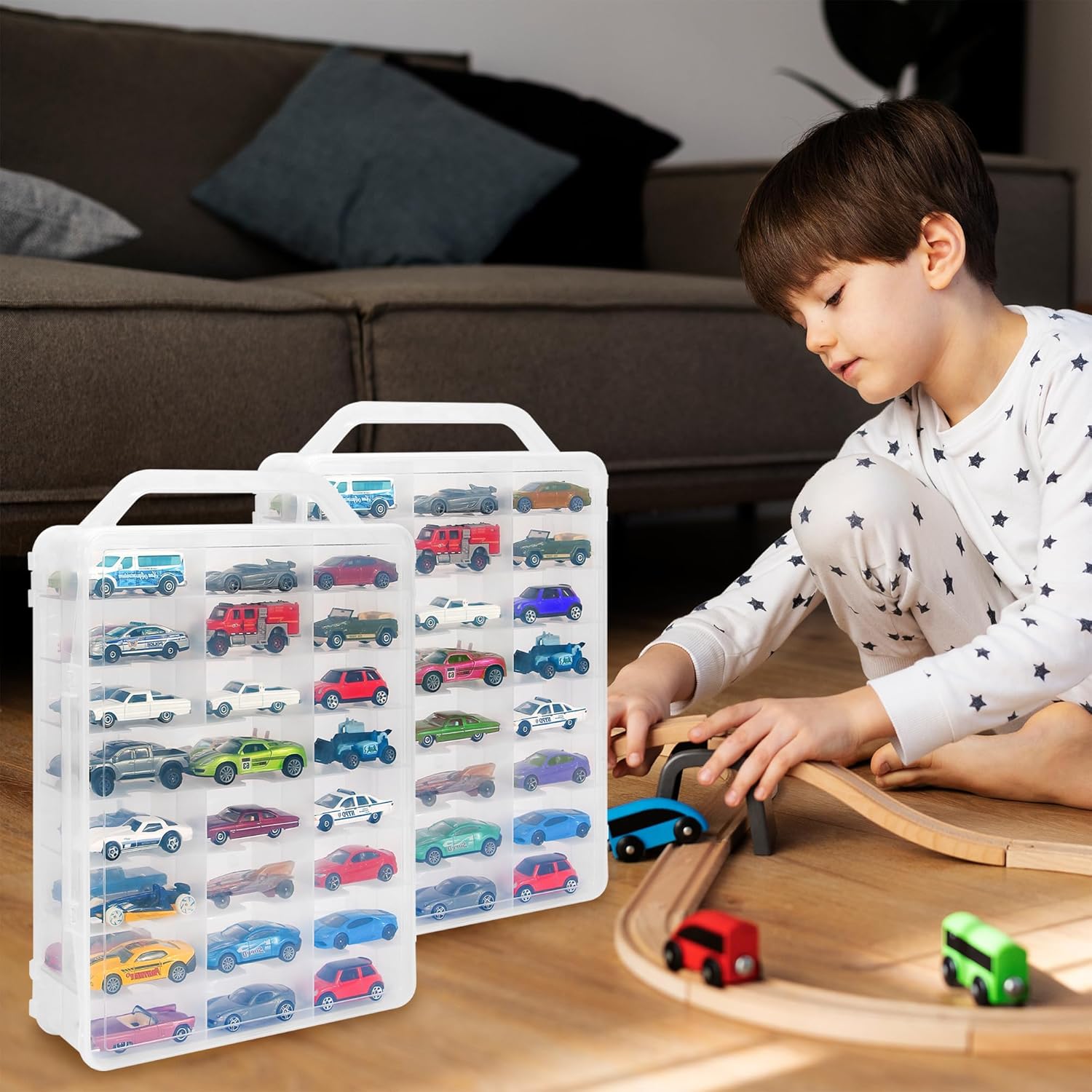 KISLANE Double Sided Toy Car Storage Case for 48 Toy Cars, Matchbox Cars, Mini Toys, Small Dolls, Portable Storage Case for Toy Cars, Matchbox Cars with 46 Slots, Case Only (Transparent-2 Pack)
