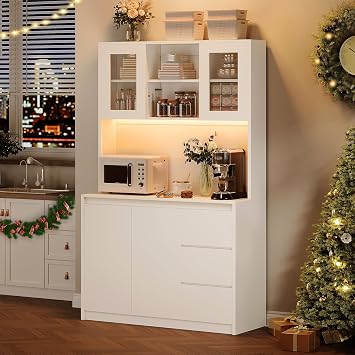 70 Pantry Cabinet, Tall Storage Cabinet With Power Outlet, Larder Cupboard With 3 Drawers, 4 Doors, Adjustable Shelves for Kitchen, Living Room, Dining Room White