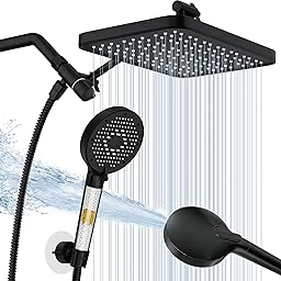 12 Inch Wide Rain Shower Head with NSF Filtered Handheld Combo, High Pressure Rainfall Shower Head, 9 Spray Modes Handheld with 9-Inch Extension Arm, Comes with Filter Removes Chlorine(Black)