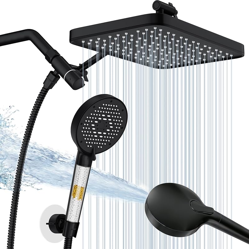 12 Inch Wide Rain Shower Head with Filtered Handheld Combo, High Pressure Rainfall Shower Head, 9 Spray Modes Handheld with 9-Inch Extension Arm, Comes with Filter Removes Chlorine(Dark Brown)