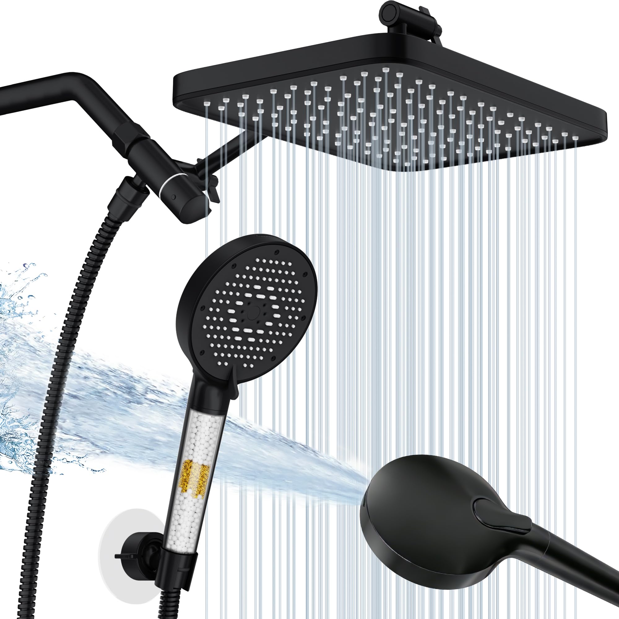 12 Inch Wide Rain Shower Head with NSF Filtered Handheld Combo, High Pressure Rainfall Shower Head, 9 Spray Modes Handheld with 9-Inch Extension Arm, Comes with Filter Removes Chlorine(Black)