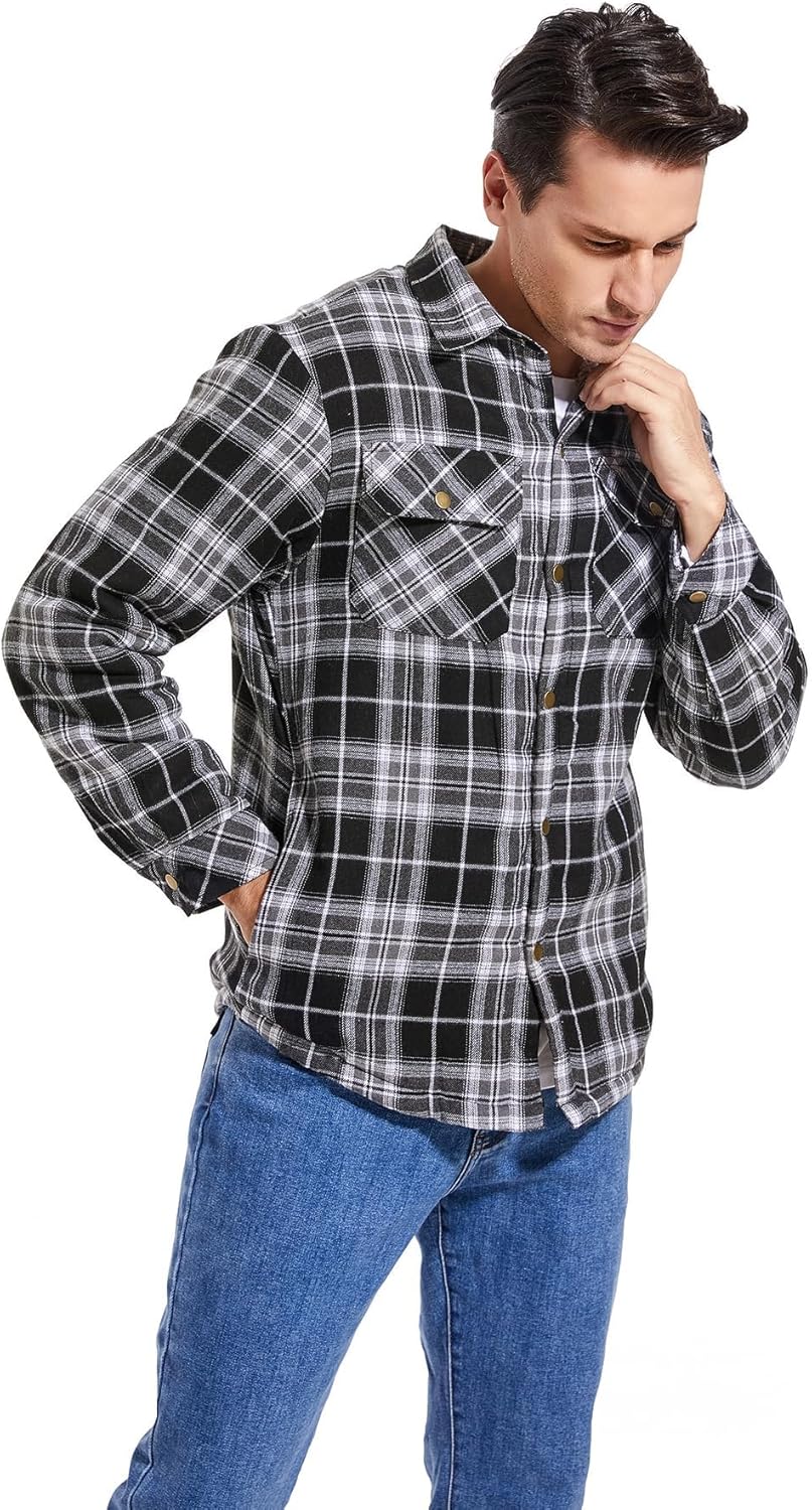 Men's Sherpa Lined Cotton Flannel Shirt Jacket Plaid Button Up Jacket Coat for Men with Pocket - Image 3