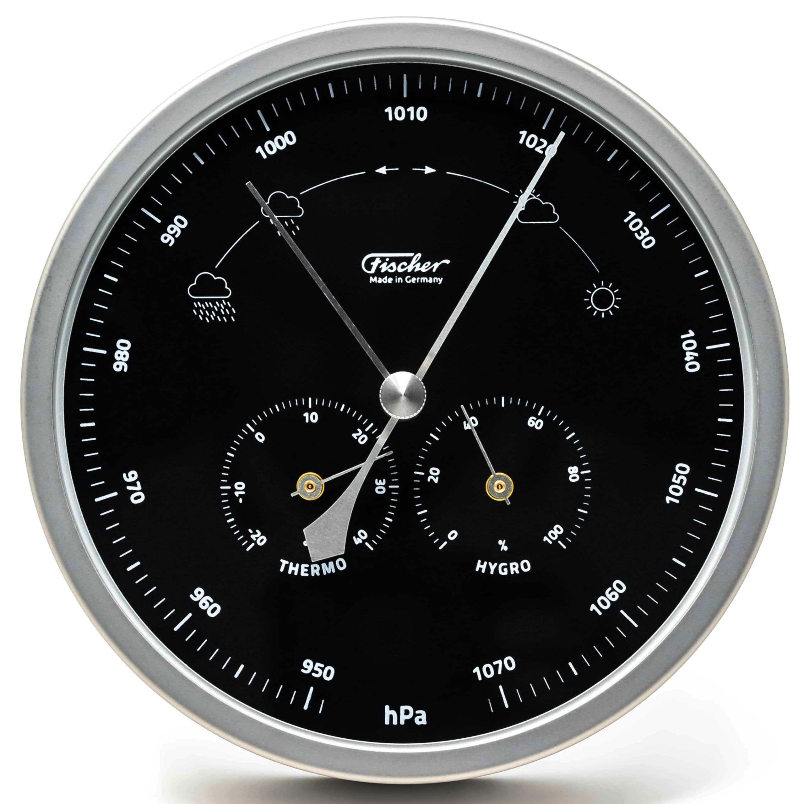 Fischer 1602-01.06 Außen-Wetterstation, Glas, Edelstahl, Polymeter | Thermometer, Barometer, Hygrometer, schwarzes Ziffernblatt, Messbereich 20-100 % r. F., 160mm Durchmesser, Made in Germany