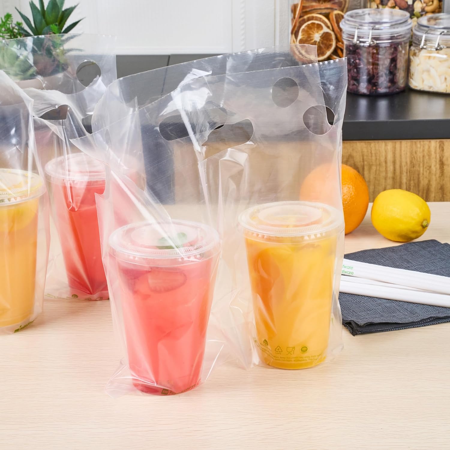 Restaurantware Basic Nature Plastic Drink Carriers 100 Double Cup Plastic Bags For Cups - Disposable With Handles Clear Plastic Drink Delivery Bags For Delivery Coffee Tea Juice