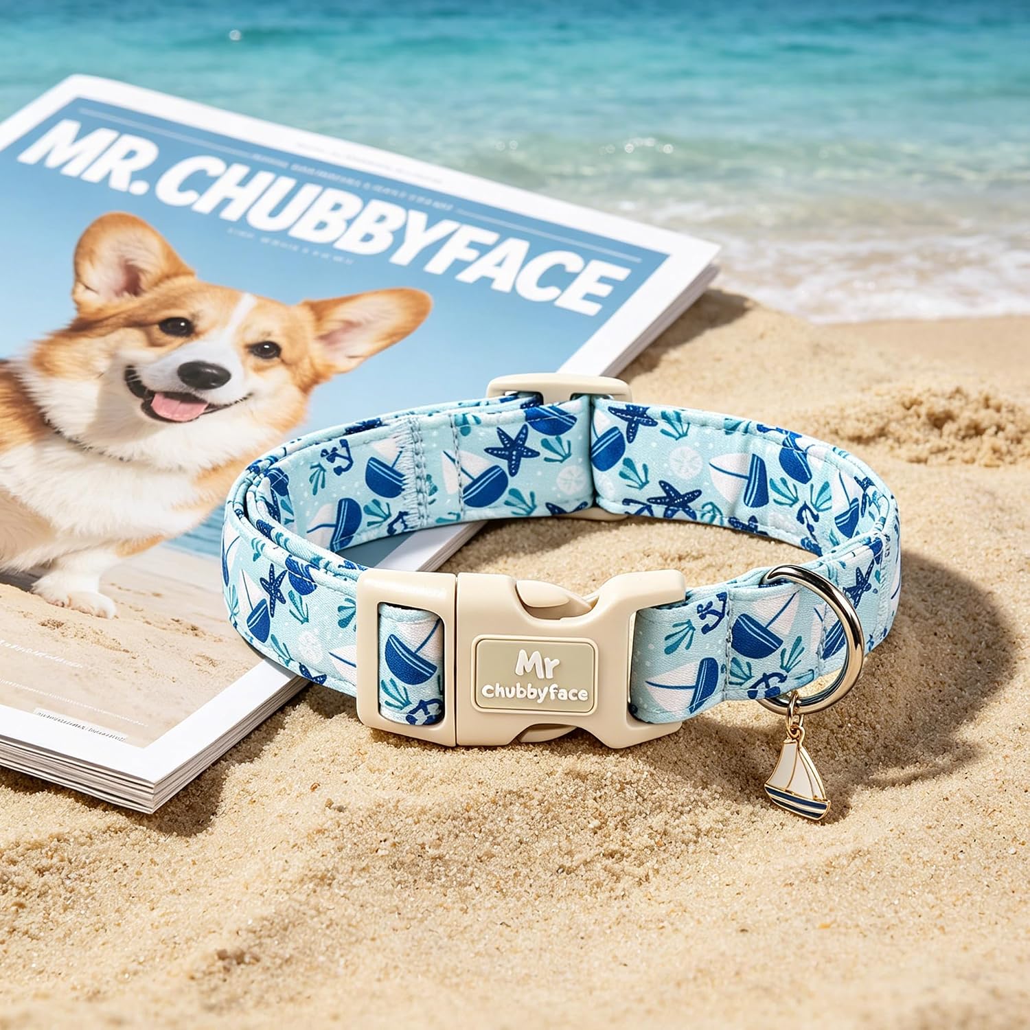 ·MR.CHUBBYFACE· Summer Blue Oceam Dog Collar for Medium Dogs M image 3