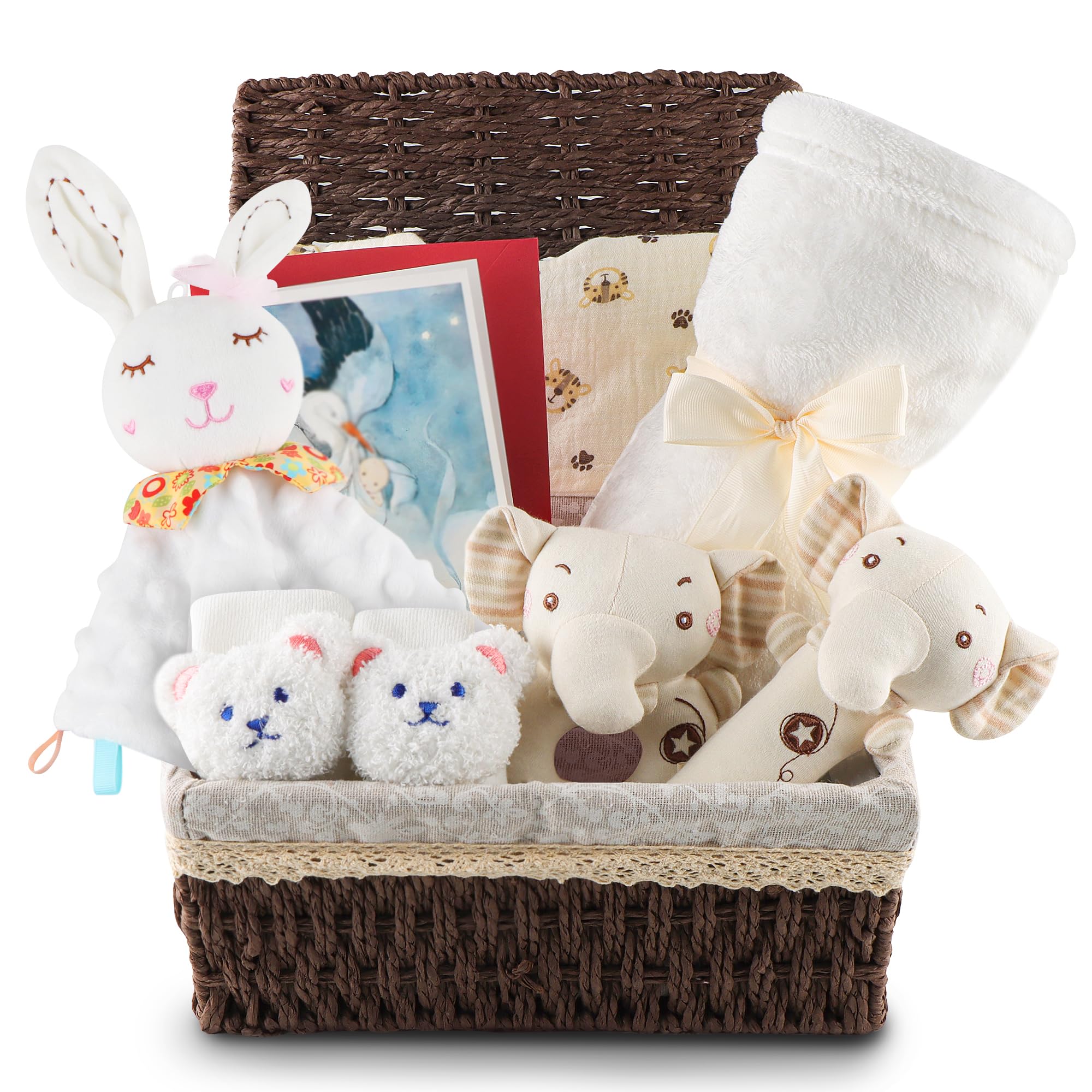 Set Regalo Nascita Neonato Unisex Cofanetto Regalo Nascita Bebè | con Coperta 70x100 cm Doudou Sonaglio Bavaglino Calzini Cesto Idea Regalo Nascita Maschio Femmina (Generale - Bianco sporco)