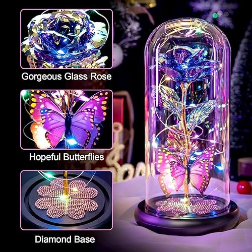 Miniatura 2 de Pusuny Regalos para mujeres, regalos de cumpleaños para mujeres, rosa de cristal de galaxia eterna, flor de cristal iluminada en cúpula de cristal
