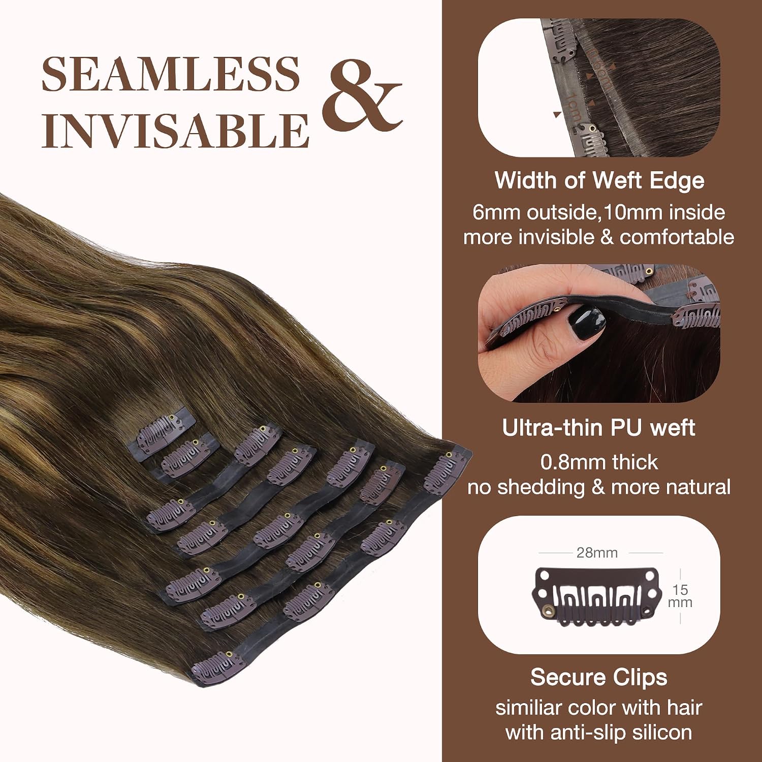 GOO GOO Clip in Hair Extensions Real Human Hair, Remy Human Hair Extensions Clip ins for Women, Natural Human Hair, 16inch 130g 7Pcs, 4/27/4 Balayage Chocolate Brown to Caramel Blonde