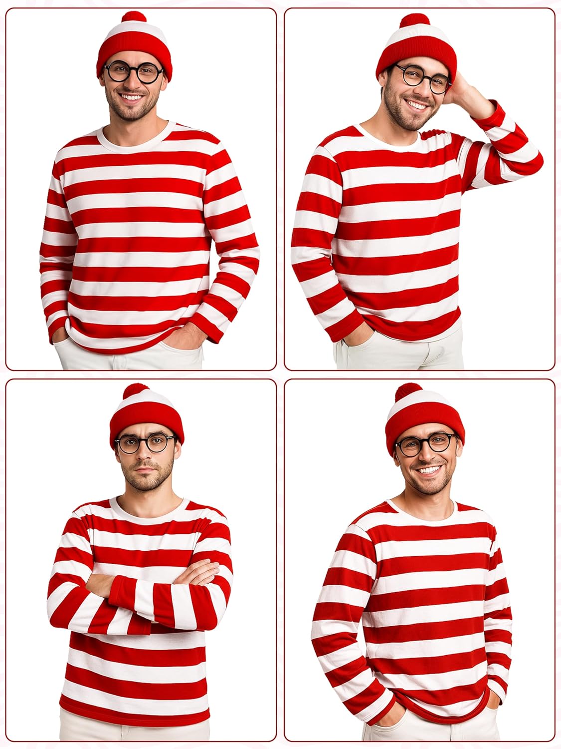 Halloween Costumes, Red and White Striped Shirt, Cosplay Costumes Adult, Halloween Shirt with Glasses Frame and Hat - Image 4