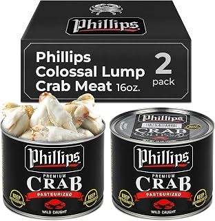 Phillips Colossal Lump Crab Meat 16oz Can, 2-Pack | Wild Caught Pasteurized Lump Crabmeat, Hand-Picked Shell-Free for Premium Dishes
