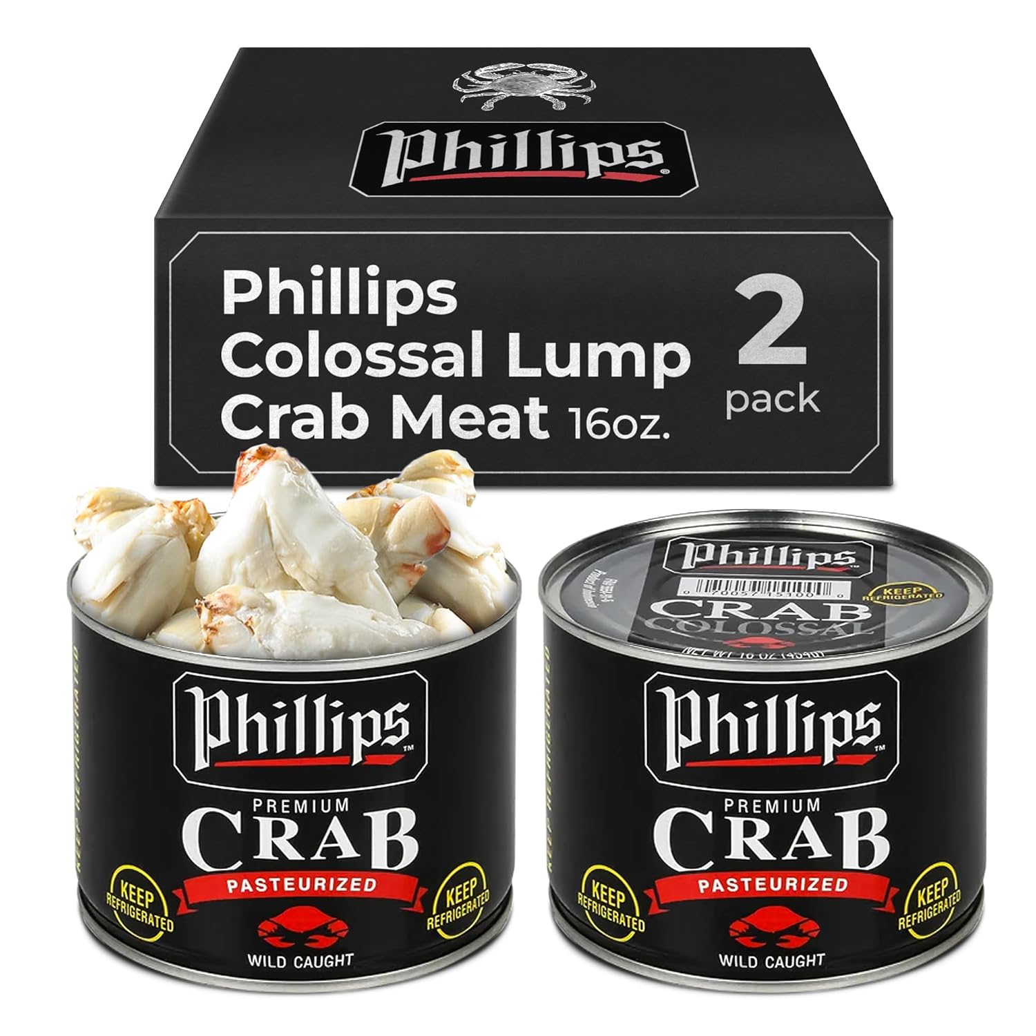 Phillips Colossal Lump Crab Meat 16oz Can, 2-Pack | Wild Caught Pasteurized Lump Crabmeat, Hand-Picked Shell-Free for Premium Dishes