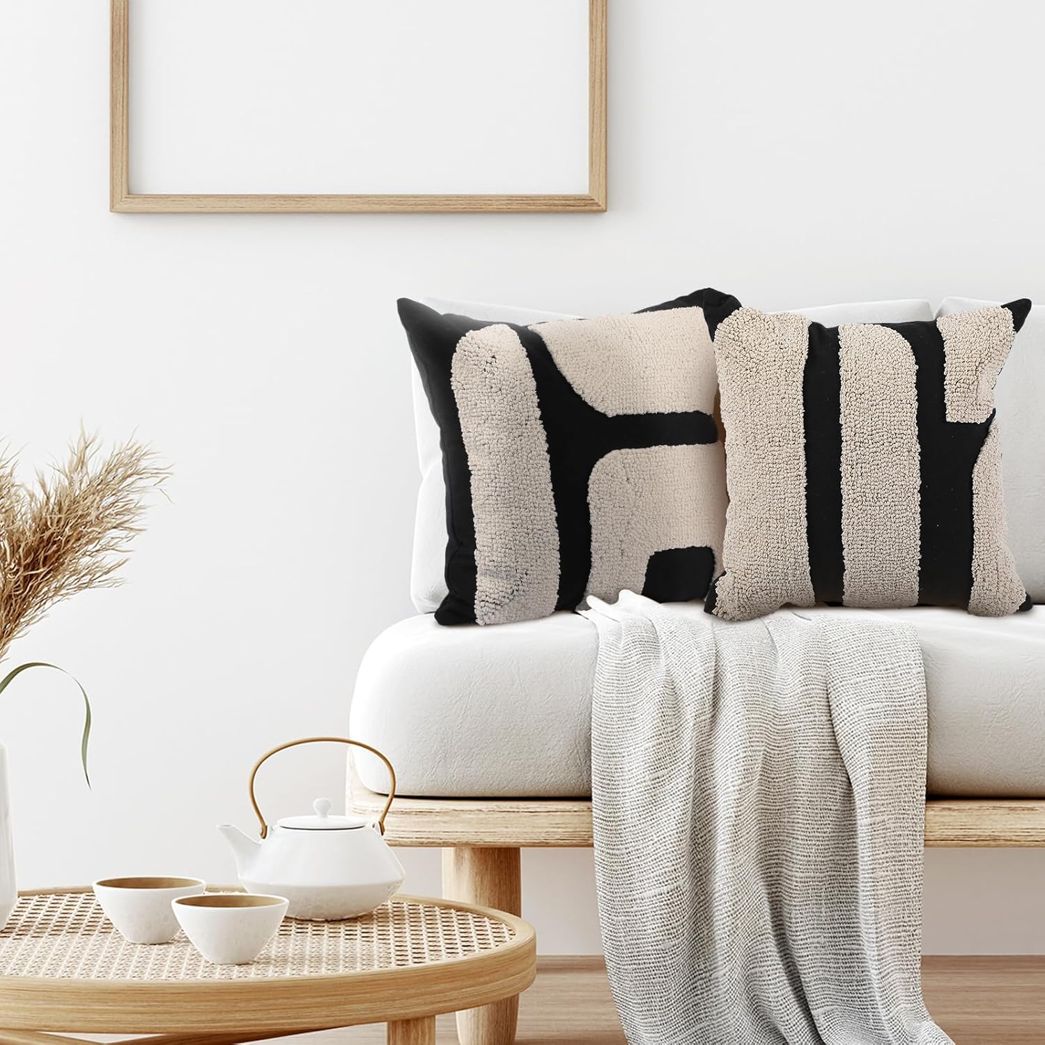 Oudain 2 Pcs Black and White Tufted Pillow Covers Boho Chunky Geometric Decorative Throw Pillow Case 18 x 18 Inches Abstract Pillowcases for Bed Couch(White, Black, Classic Style) - Image 3