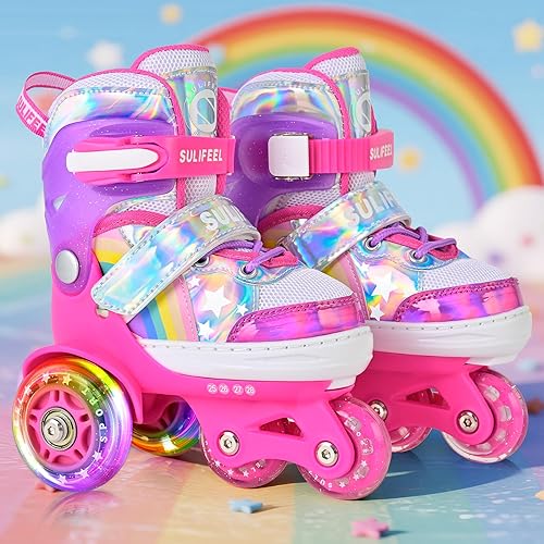 Miniatura 92 de SULIFEEL - Patines infantiles con luz ajustable y diseño de unicornio y arcoíris, tamaño 4 para niños y niñas b púrpura