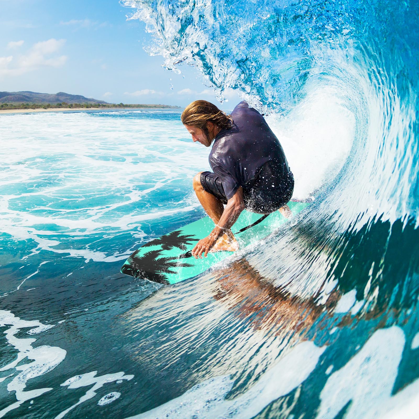 HOMASIS Bodyboard Surf da Tavola con Cavo di Trazione da 90 cm, Tavola da Surf per Bambini e Adulti, Tavola da Onda con Nucleo in Schiuma EPS e Motivo di Alberi di Cocco