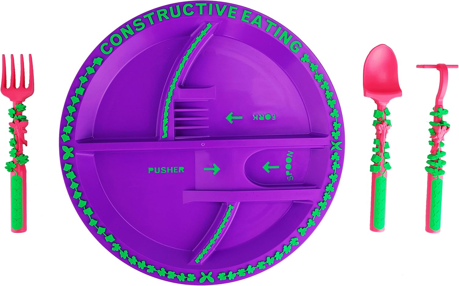 Constructive Eating Made in USA Construction, Dinosaur, and Garden Fairy Combo with 3 Utensil Sets and 3 Plates for Toddlers, Infants, Babies and Kids - Made With Materials Tested for Safety