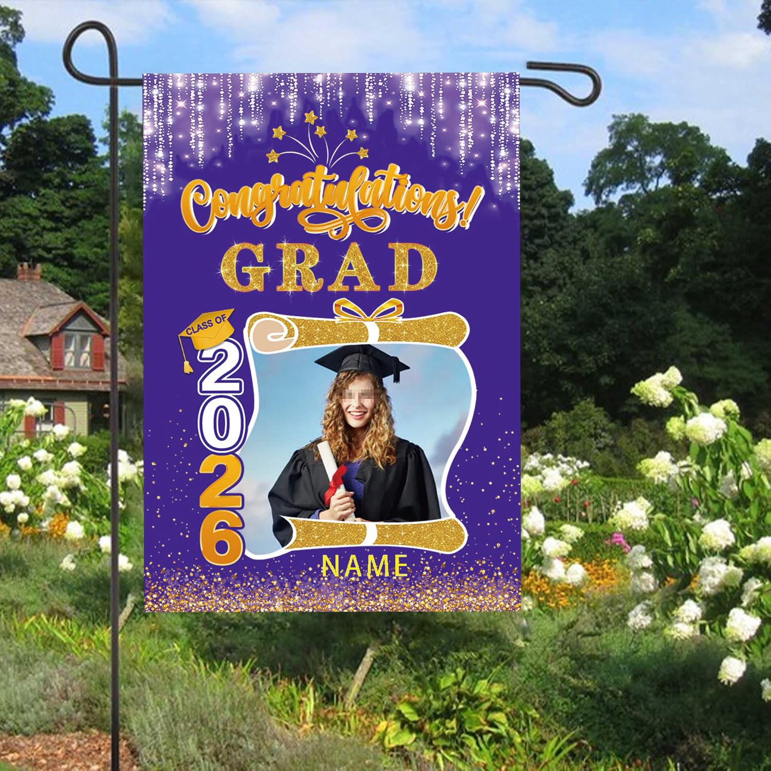 AUBAO Custom Double side Graduation Garden Flag with Photo Class of 2026 Congrats Grad Double Sided Yard Flag Decorative Gifts(B-Purple and Gold)
