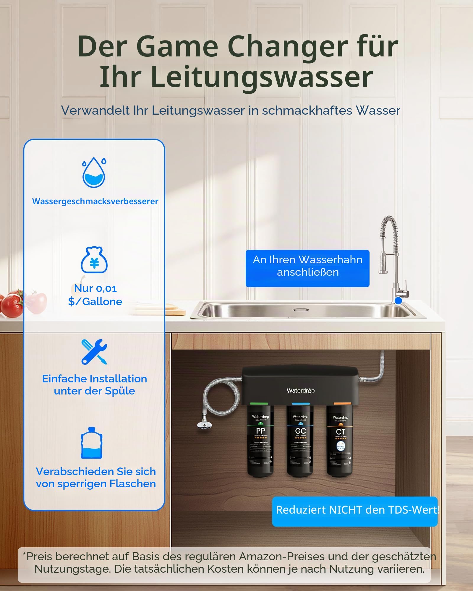 Waterdrop TSA 8-Schicht-Untertisch-Wasserfilter, NSF/ANSI 42 Zertifiziert | 3-stufige 0,5 Mikron Wasserfilter Trinkwasser, NSF/ANSI 42 Zertifiziert, Entfernt 99,99% Blei, Chlor,