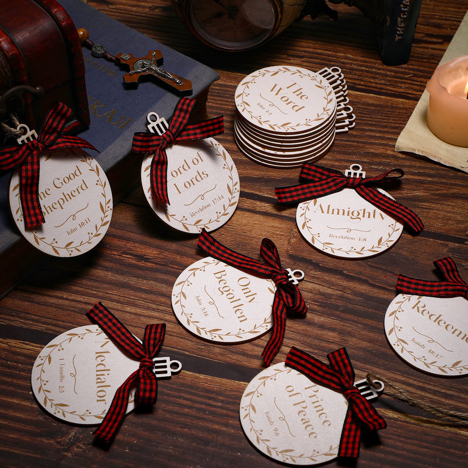 24 Pieces Names of Jesus Advent Christ Christmas Hanging Ornaments Bulk Wood Religious Ornaments with Savior Names for Christmas Tree Decoration(Natural Style,Natural Style)