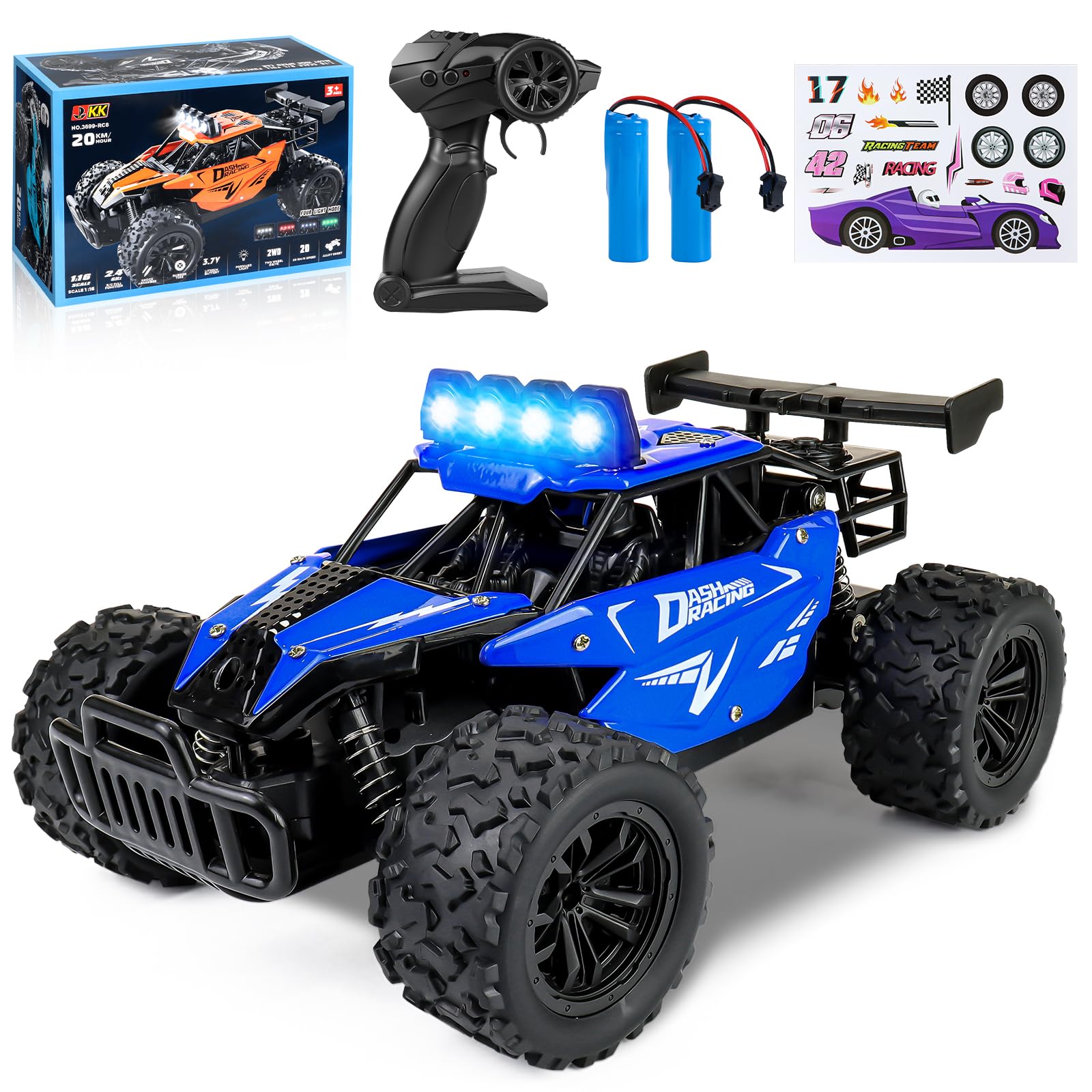 Joellfuner Macchina Telecomandata per Bambini, 2.4Ghz 1:16 Macchina Radiocomandata con Luce LED Quattro Colori, 20KM/H Monster Truck Telecomandato con marce alte e basse per bambini 3+ anni (Blu)