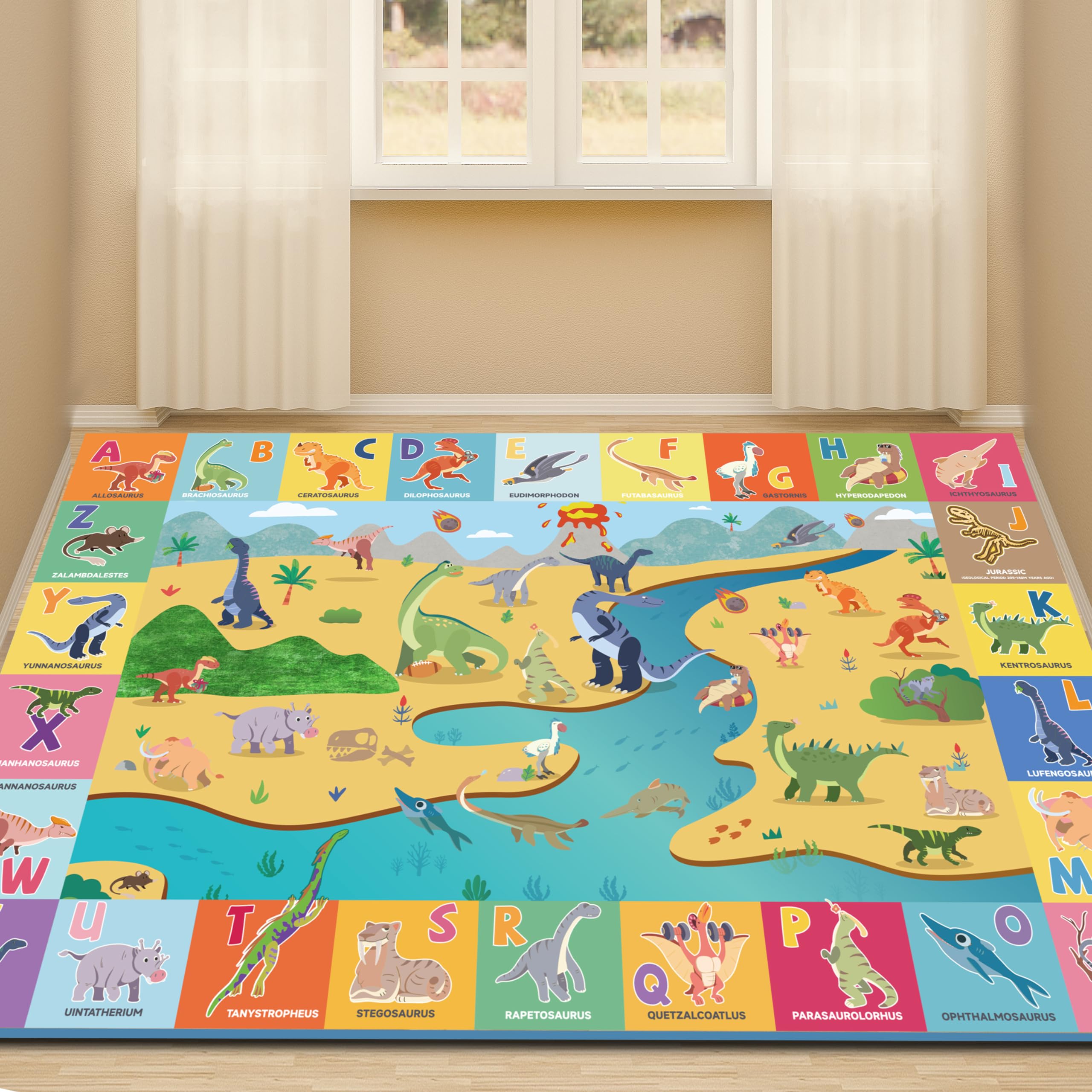 Dinosaur World ABC Kids Rug, TPR Nonslip Educational Area Rugs with Animals  and Words Toddler Baby Child Playmat Carpet Rug for Classroom Playroom