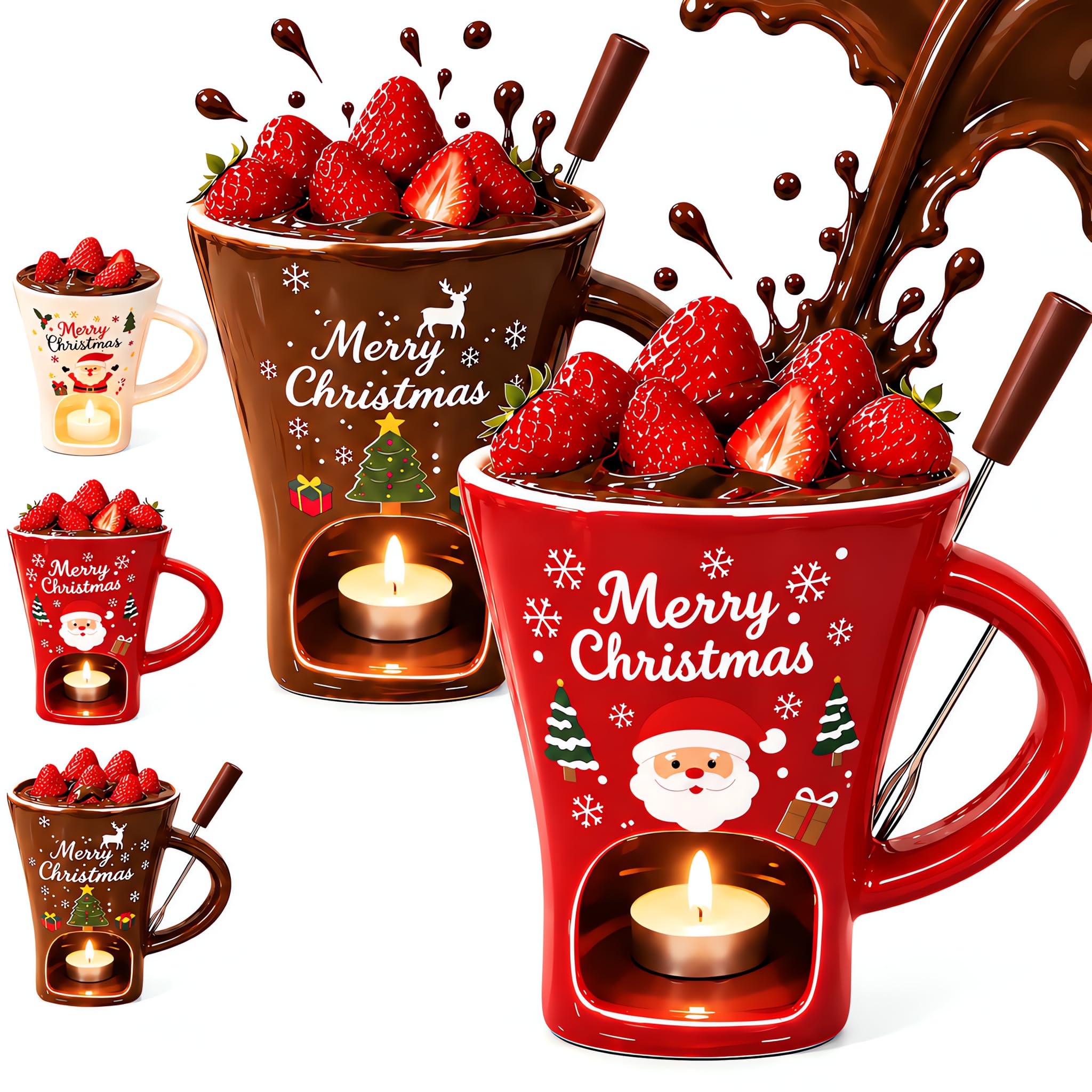 Christmas Ceramic Chocolate Fondue Mug with Fork, Ceramic Melting Cup (D+F) — image 1
