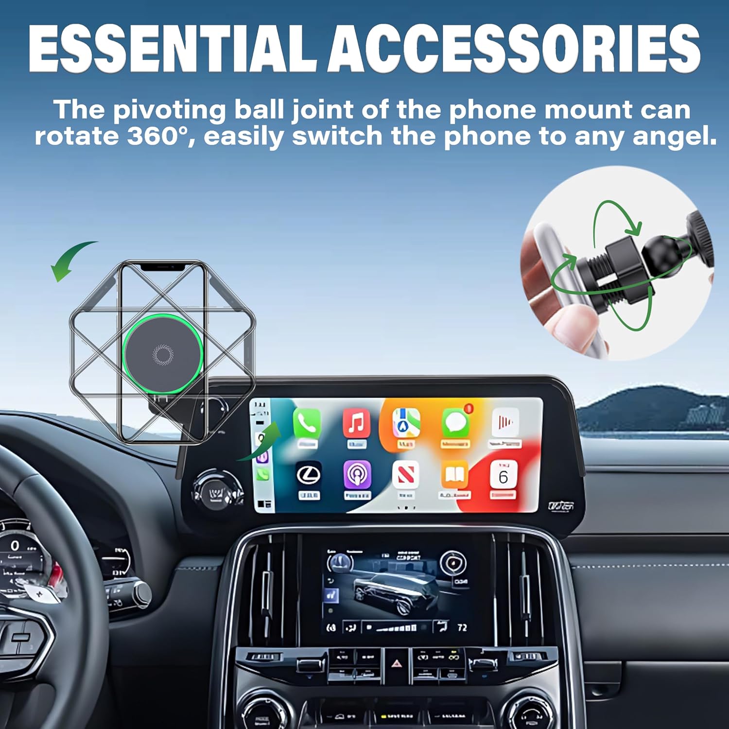 Car Phone Holder for 2022 2023 2024 Lexus LX Accessories Apply to 12.3 Inch Touch Screen 15W Fast Wireless Charger Screen Fixed Clip Cell Phone Mount Hands-Free 360 Degree Rotation