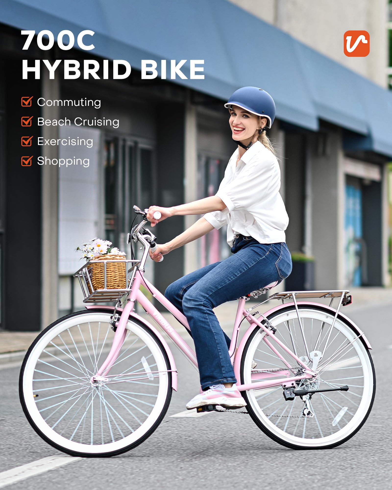 VIRIBUS Womens Hybrid Bike, 28 inch Womens Bike 7 Speed, 700C Adult Bike with Basket and Rack for Tall Ladies, Commuter Bike, Step Through City Bike, Adult Hybrid Bicycle for