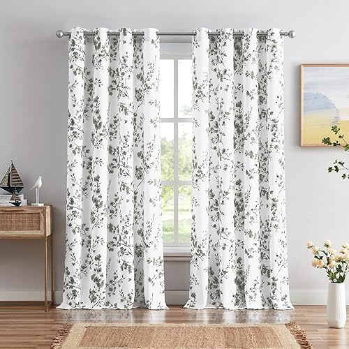 Melodieux Cortinas Florales de 96 Pulgadas de Largo para Sala de Estar, Cortinas Decorativas con Ojales de Color Blanco y Estampado de Flores en