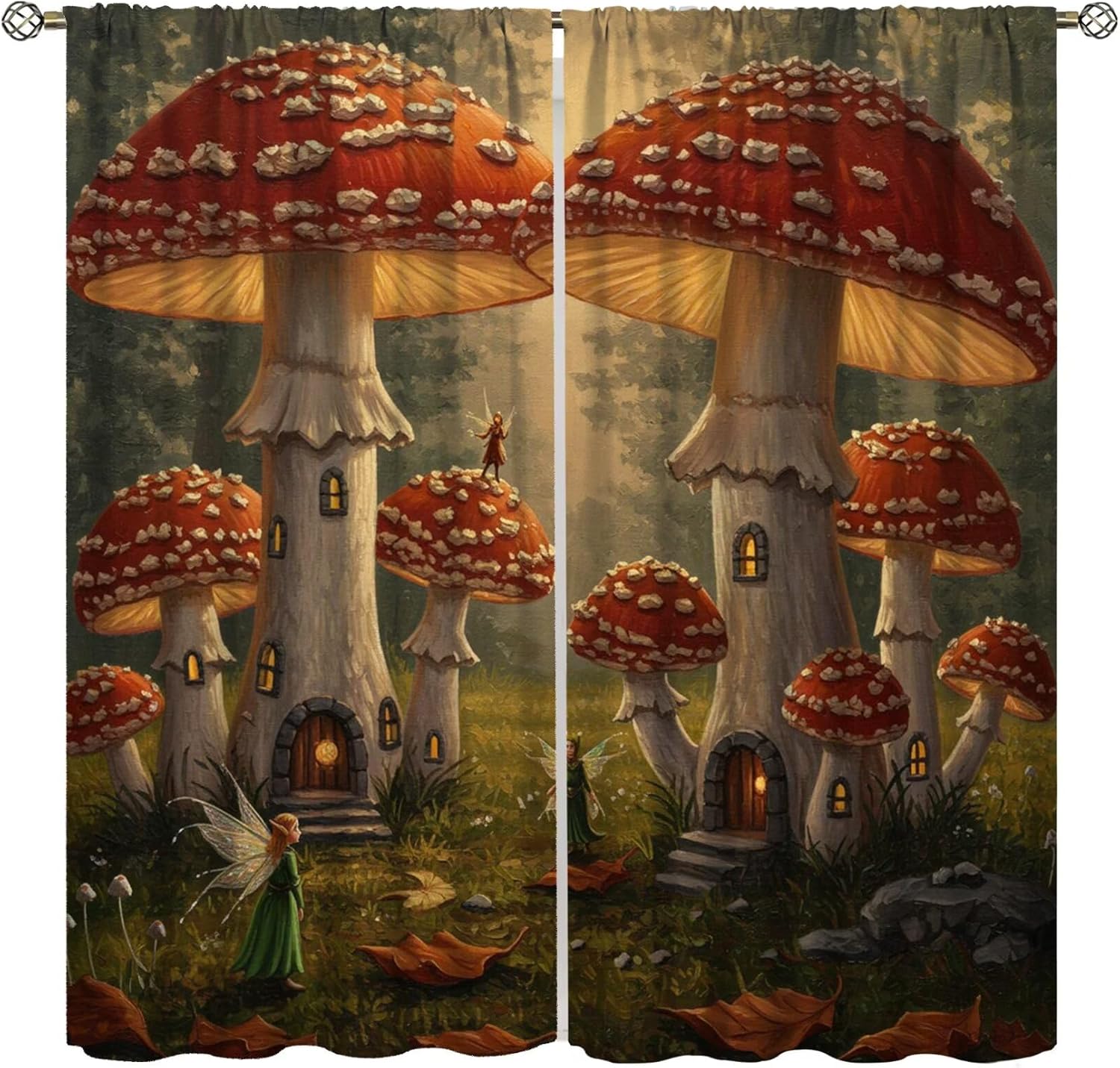 Retro Mushroom Garden Curtains,Kids Fairy Tale Magical Butterfly Princess Enchanted Wonderland Blackout Window Curtain,for Classroom Living Room Bedroom Kitchen Cafe Farmhouse 42" W X 45" L