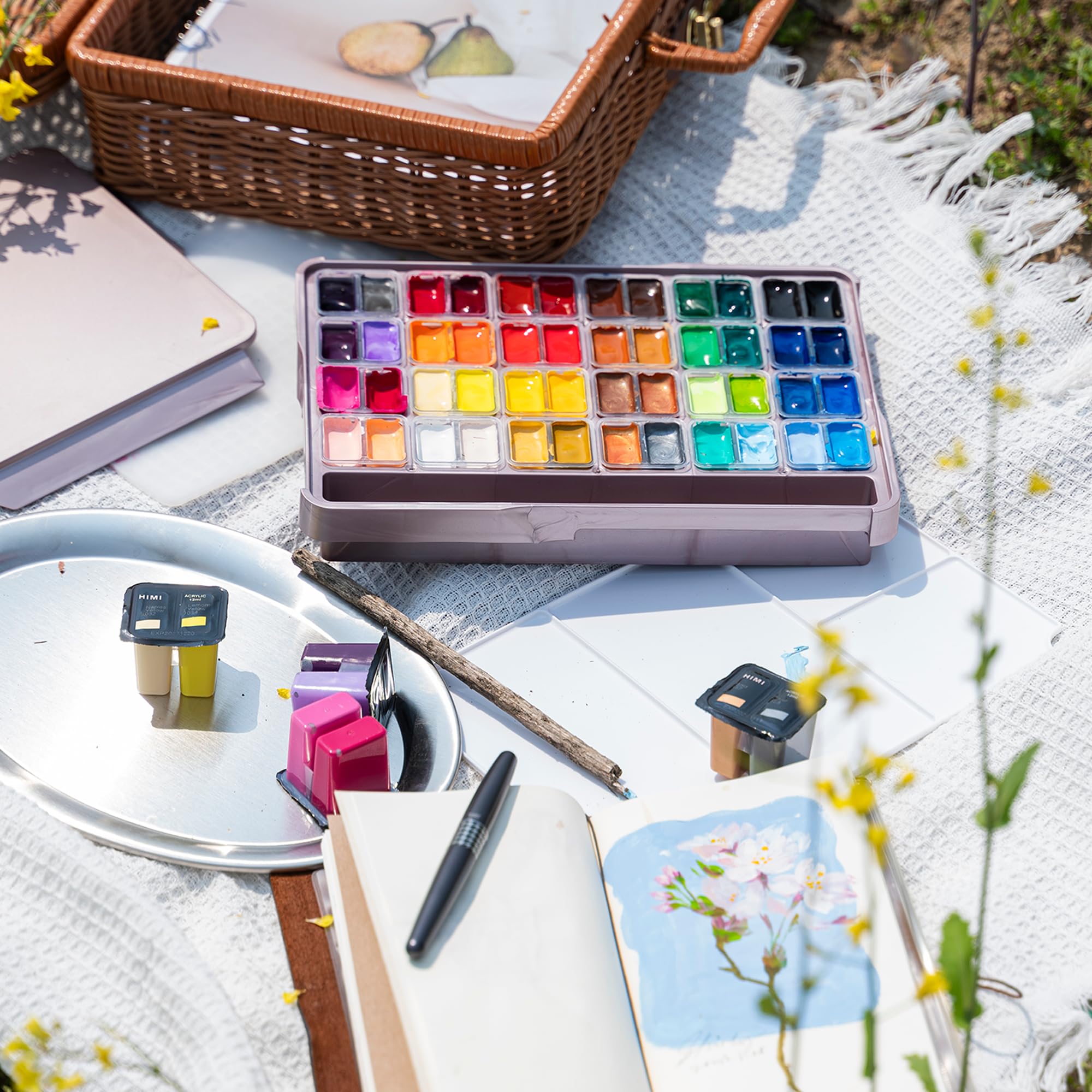 HIMI Ensemble de peinture acrylique double tasse, 48 couleurs, 12 g, haute viscosité, fournitures d'art pour peinture sur toile, bois de roche et céramique