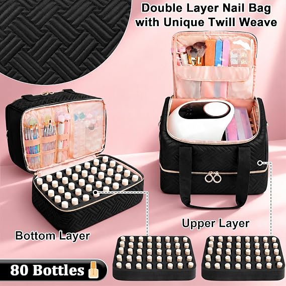 Veirdro Nail Polish Organizer Bag Holds 80 Bottles (15ml/0.5fl.oz)& Nail Lamp, Soft Nylon Nail Kit Storage Carrying Case with Shoulder Strap, Double Layer Nail Supplies Organizer Handbag Women Black