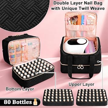 Veirdro Nail Polish Organizer Bag Holds 80 Bottles (15ml/0.5fl.oz)& Nail Lamp, Soft Nylon Nail Kit Storage Carrying Case with Shoulder Strap, Double Layer Nail Supplies Organizer Handbag Women Black
