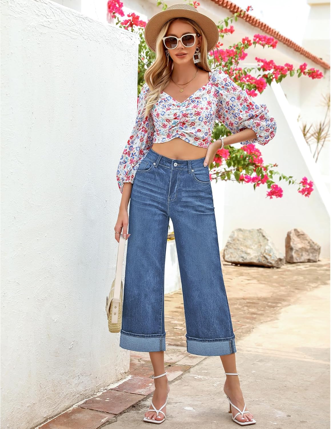 GRAPENT Wide Leg Jeans for Women High Waisted Stretchy Denim Crop Pants Fold Hem Cropped Baggy Jeans with Pockets - Image 4