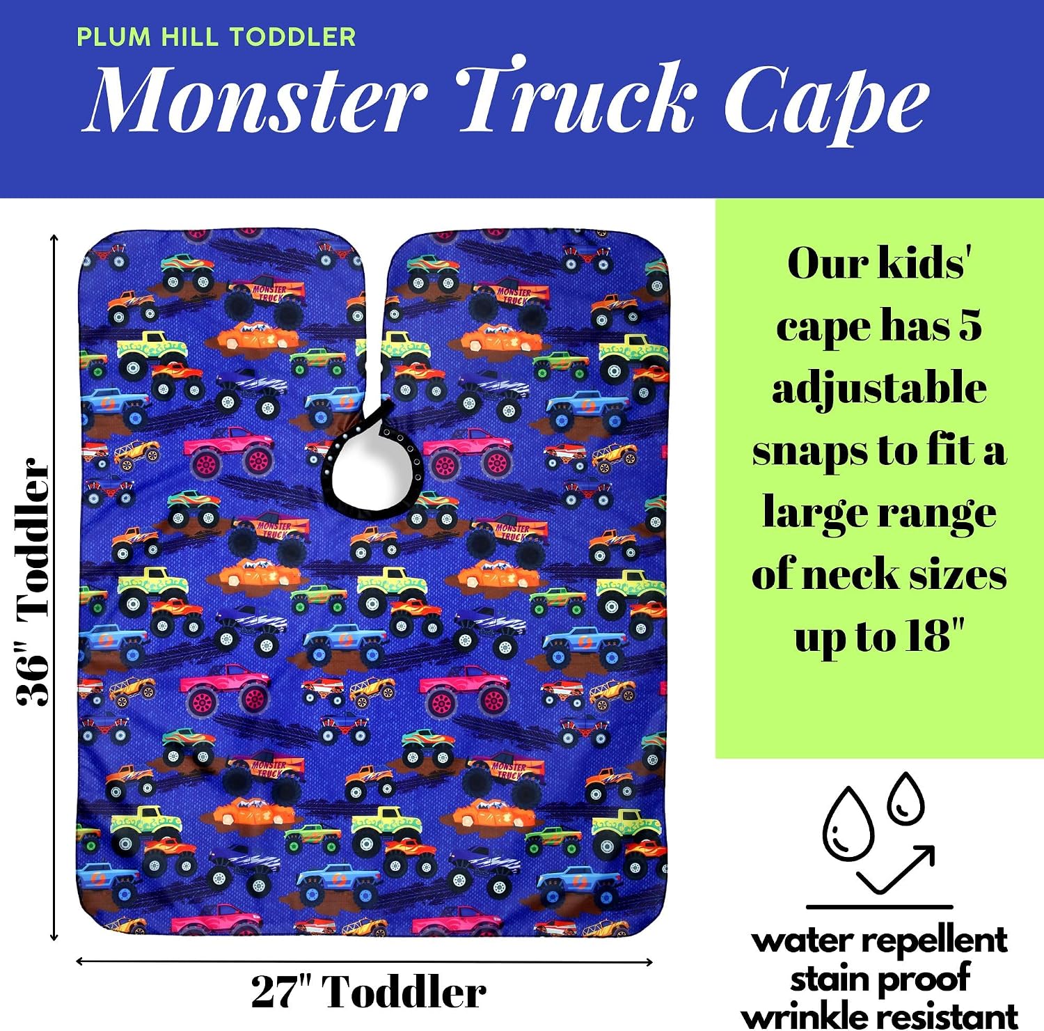 Kids Size Monster Truck Barber Cape For Hair Cutting - Salon, Barber Shop Haircut Cape for Little Boys and Toddlers, Adjustable Neck with Plastic Snaps, Small