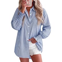 Gleeivy Womens Oversized Button Down Shirts Striped Smocked Cuff Long Sleeve Fall Blouses with Pocket Casual Collar Work Tops