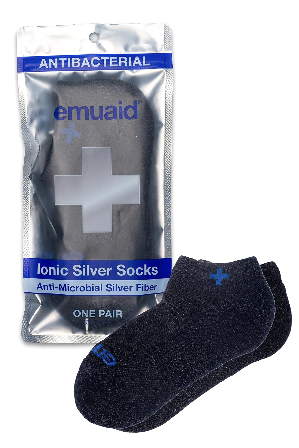 emuaid Ionic Silver Socks, Silver Fiber Blend, Odor Control, Navy, One Pair